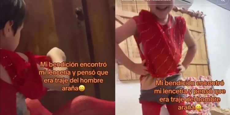 Niño se disfraza de Spiderman con la lencería de su madre